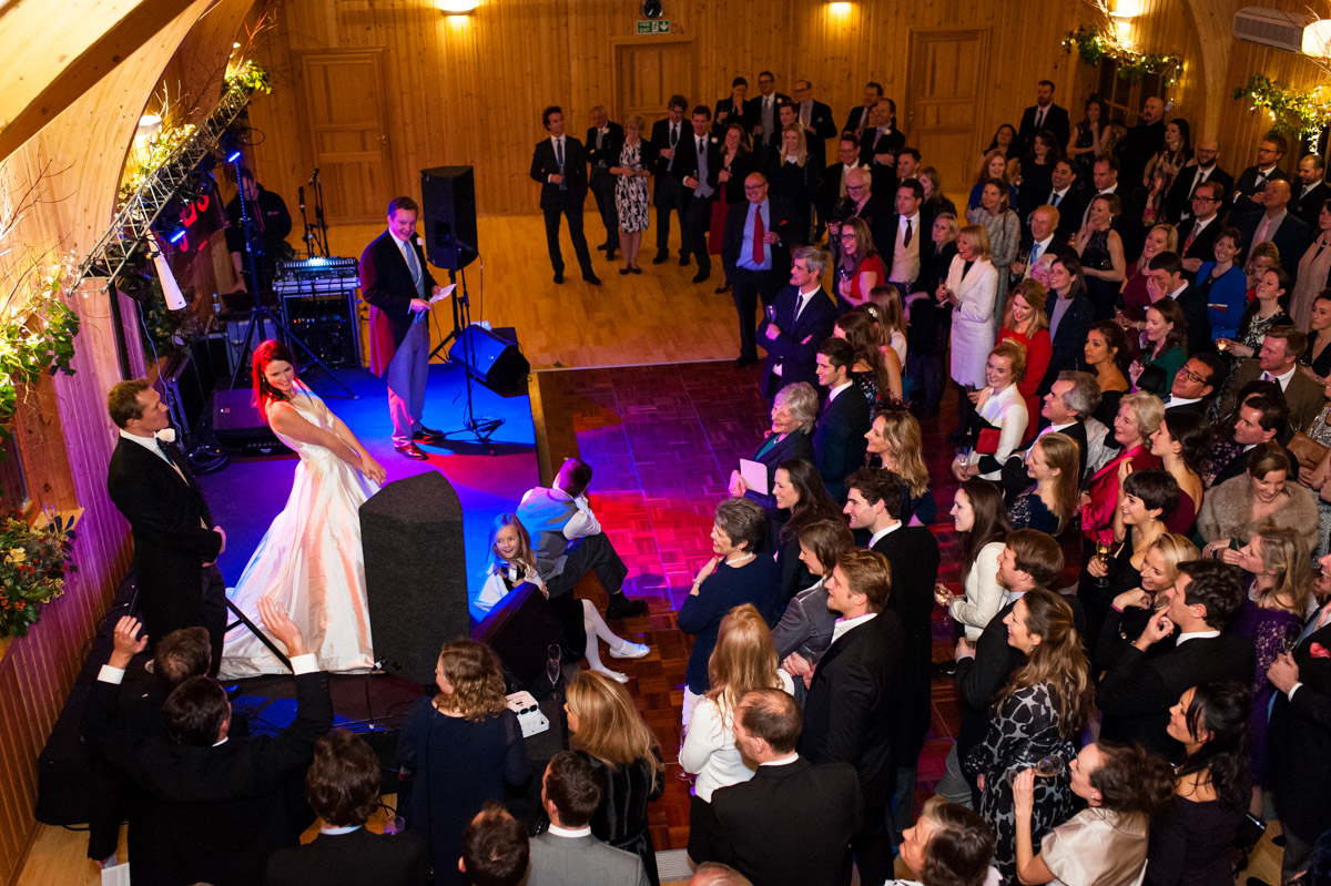 wedding reception photograph of wooden Village Hall from above