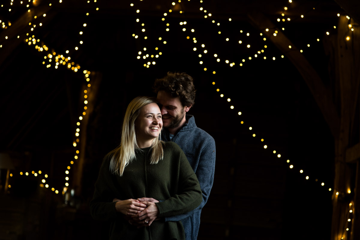 Pre wedding or engagement photo of Jane and Steven in their barn in Kent