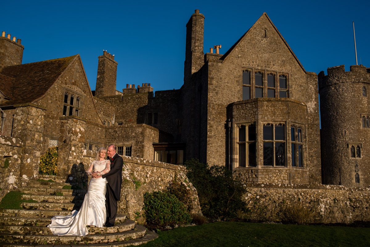 Photograph of Sue and Nick outside Lympne Castle on their wedding day