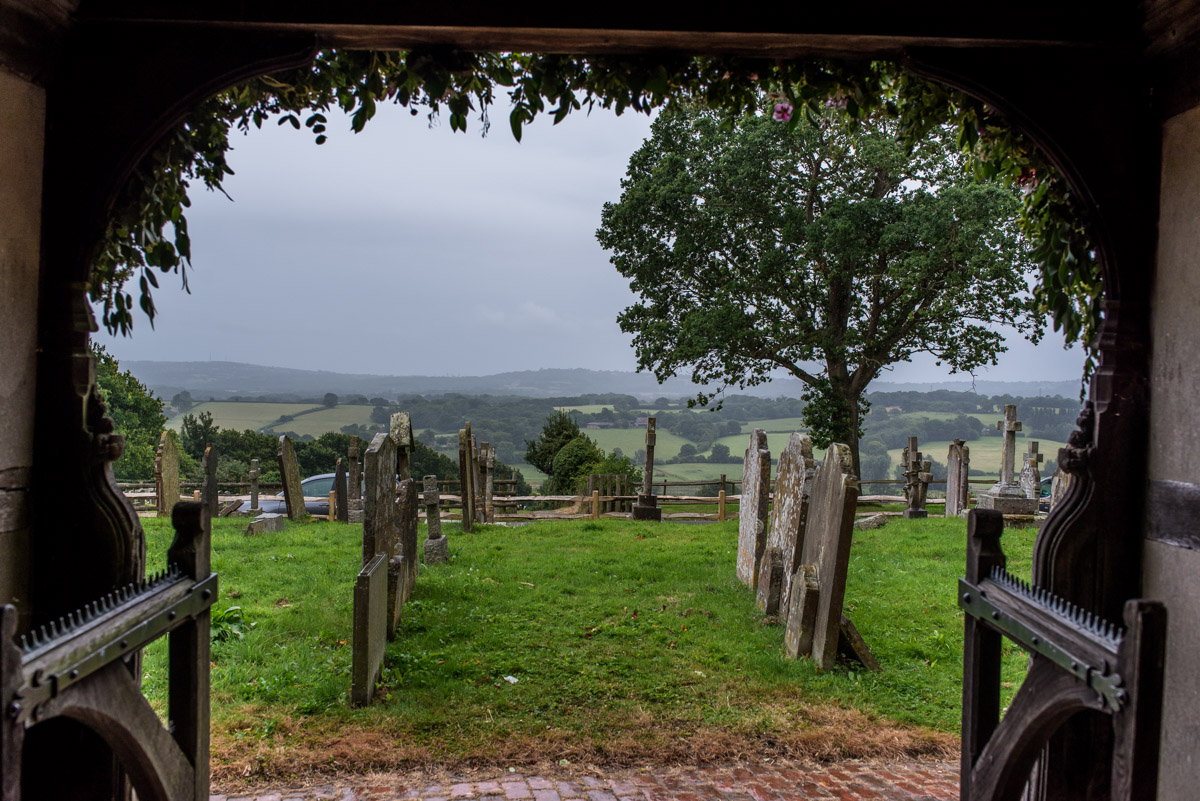 View from east sussex church doors before Tom and Emily's ceremony