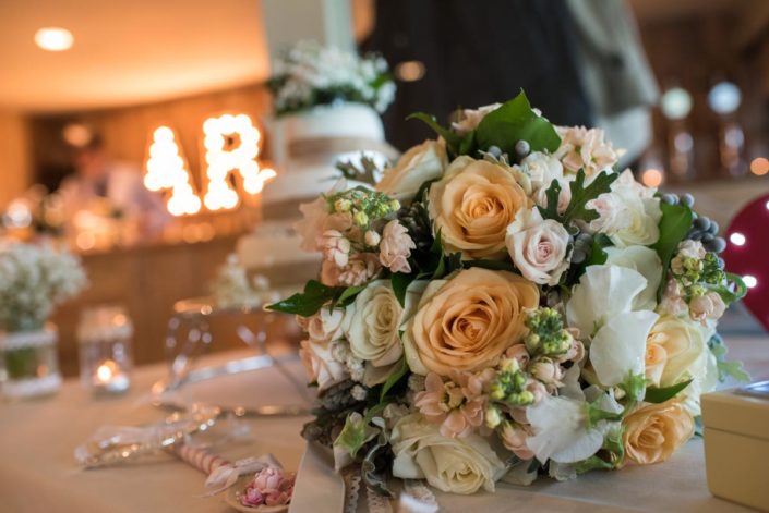 Yellow and white rose wedding bouquet at Crown Lodge wedding