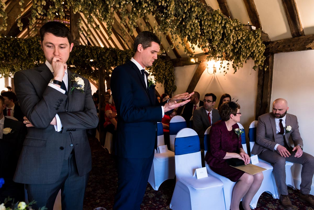 Photograph of Liam before his wedding ceremony in the visitor centre in Faversham brewery in Kent