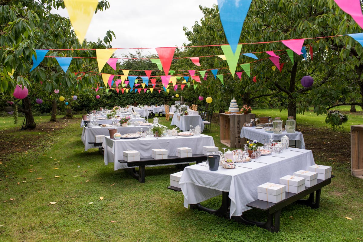 Outdoor wedding reception afternoon tea. Canterbury wedding photography