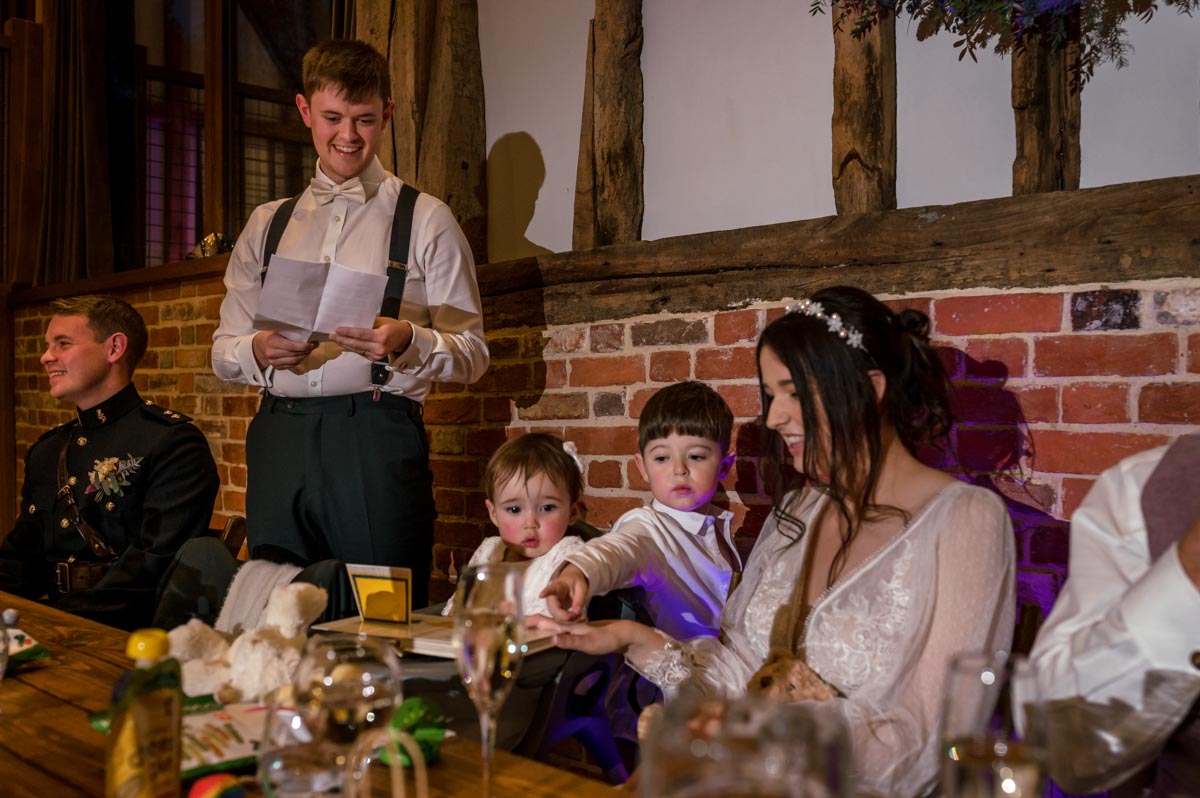 Groom during his wedding speech at The Oak barn , Frame Farm venue