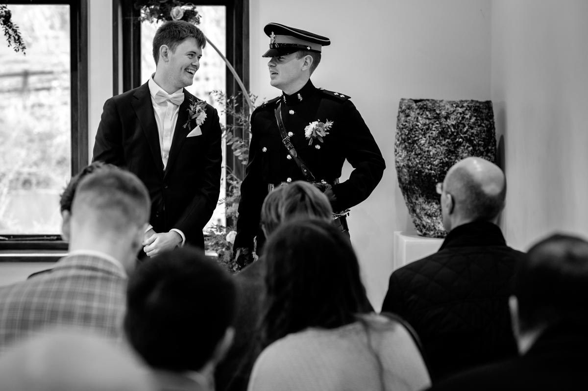 Groom and his best man before ceremony at the Oak barn, Frame farm wedding venue in Kent