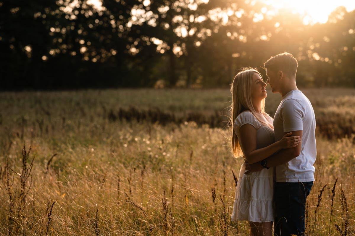 romantic photo of sarah and james during their evening photoshoot on kent farm