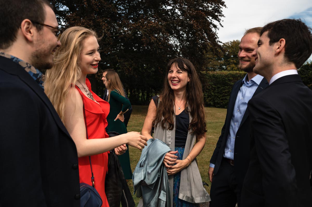 Photograph of Pablo and Poppys guests at their wedding at Bilsington Priory in Kent