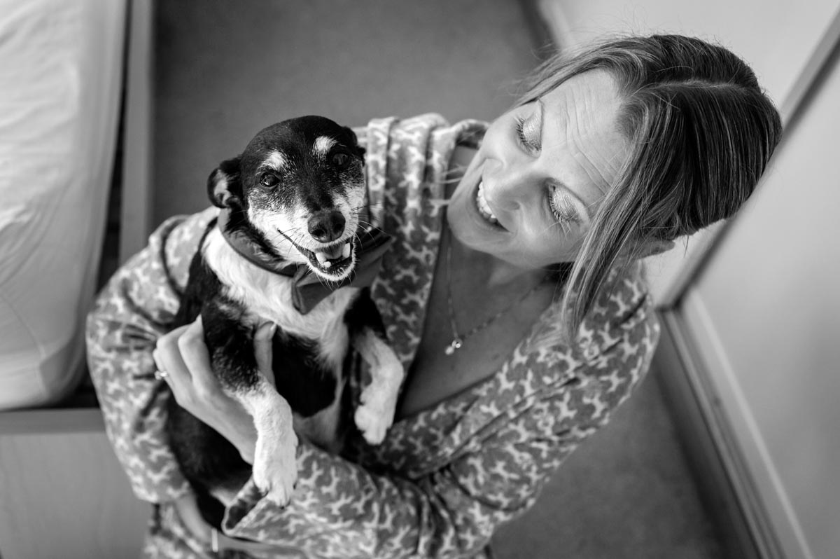 Monty the dog and sarah on her wedding day