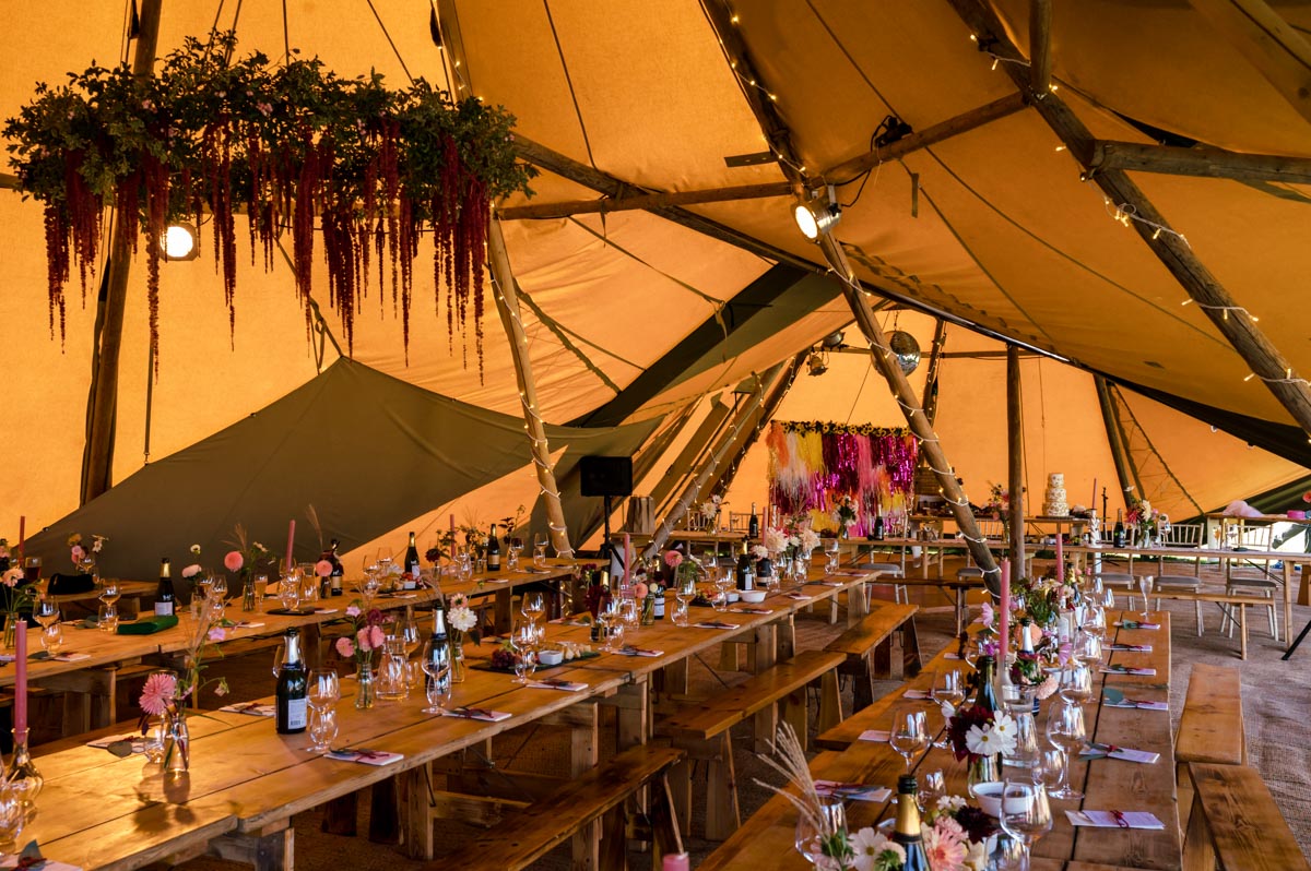 Wedding photography of tipi decor at sarah and Matthews reception venue