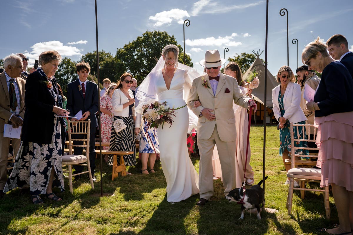 Outdoor wedding photography. Sarah and her dad at Little Bayham in Kent